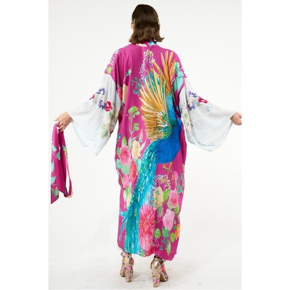 Aratta Silent Journey Kimono Robe Peacock Floral Print pearl embroidered Small